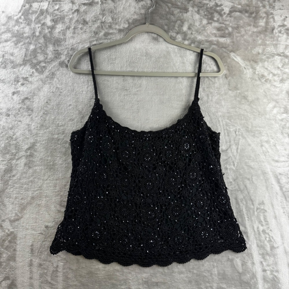 JS Collections Beaded Crochet Camisole Women Large Black Silk Metallic (1866)